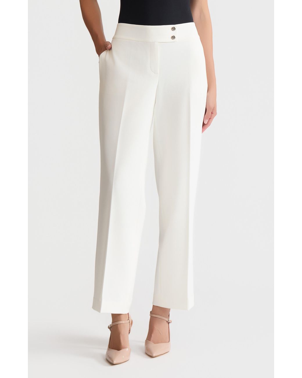 Kasper White Flat Front Wide Leg Pants