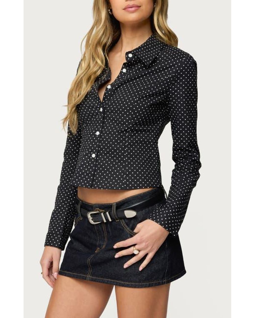 Edikted Ilia Polka Dot Button-Up Shirt in Black | Lyst