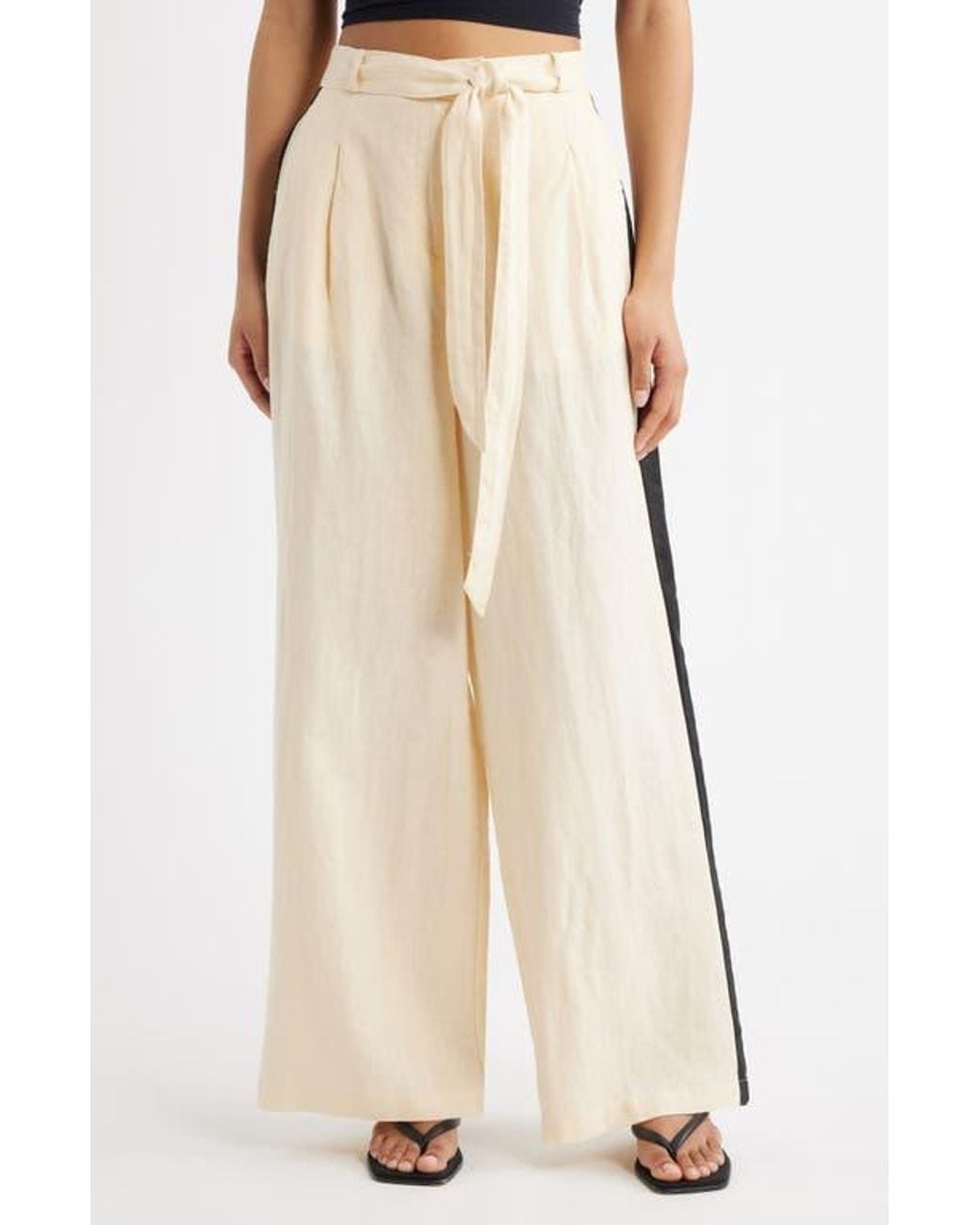 Mango Natural Side Stripe Linen Drawstring Pants