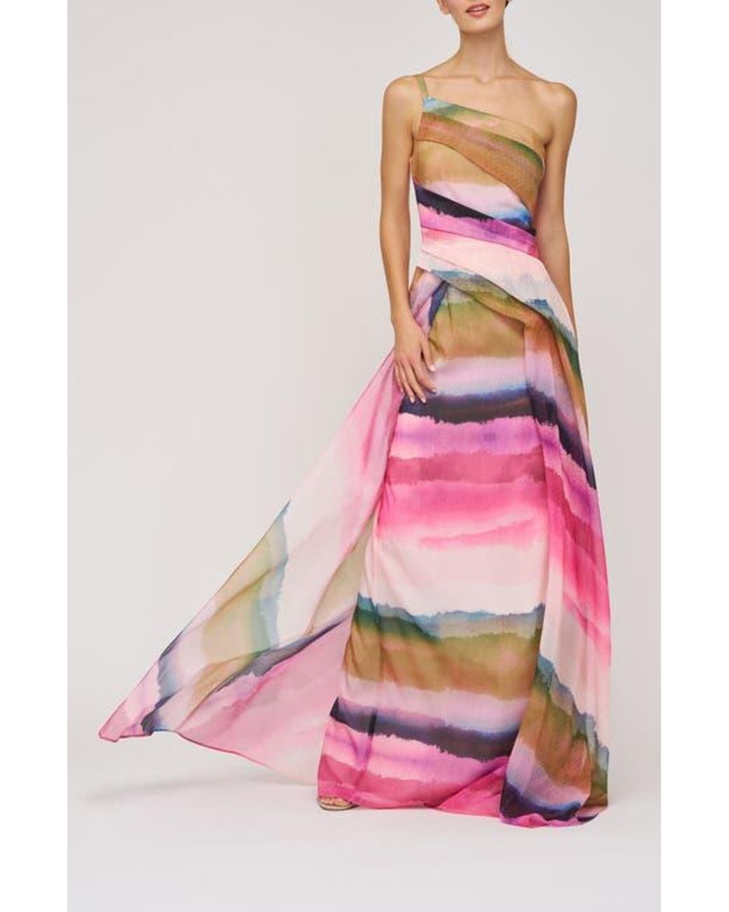 Kay Unger Normani One-Shoulder Printed Organza Gown in Pink | Lyst