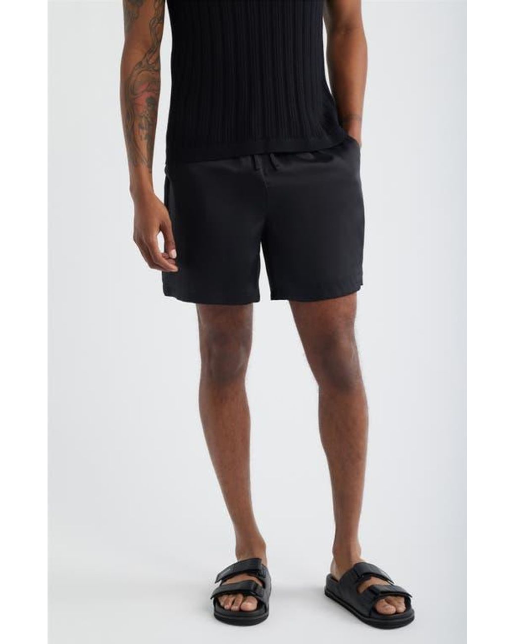 Open Edit Black Satin Drawstring Shorts for men