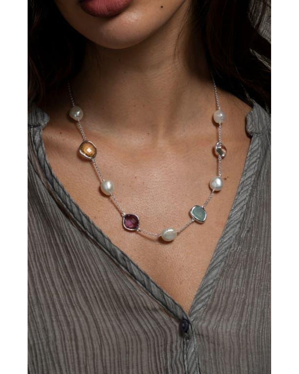 Dower & Hall Candy Gemstone & Baroque Pearl Pebble Necklace in Blue | Lyst
