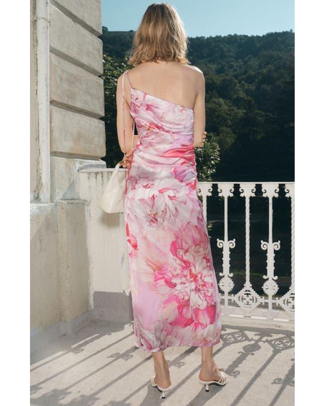 Mango Floral Print One-Shoulder Dress in Pink | Lyst