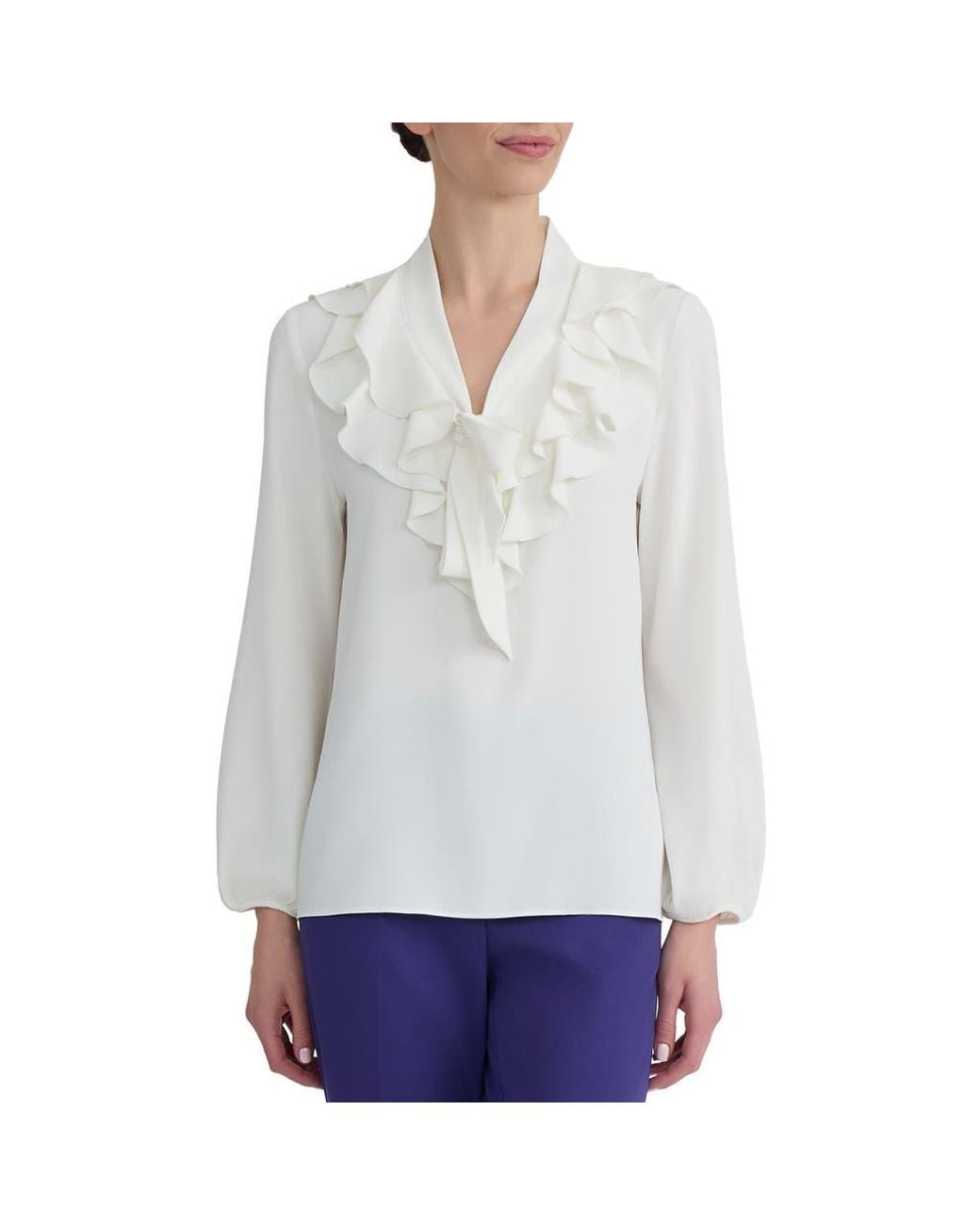 Kasper White Ruffle Tie Neck Top
