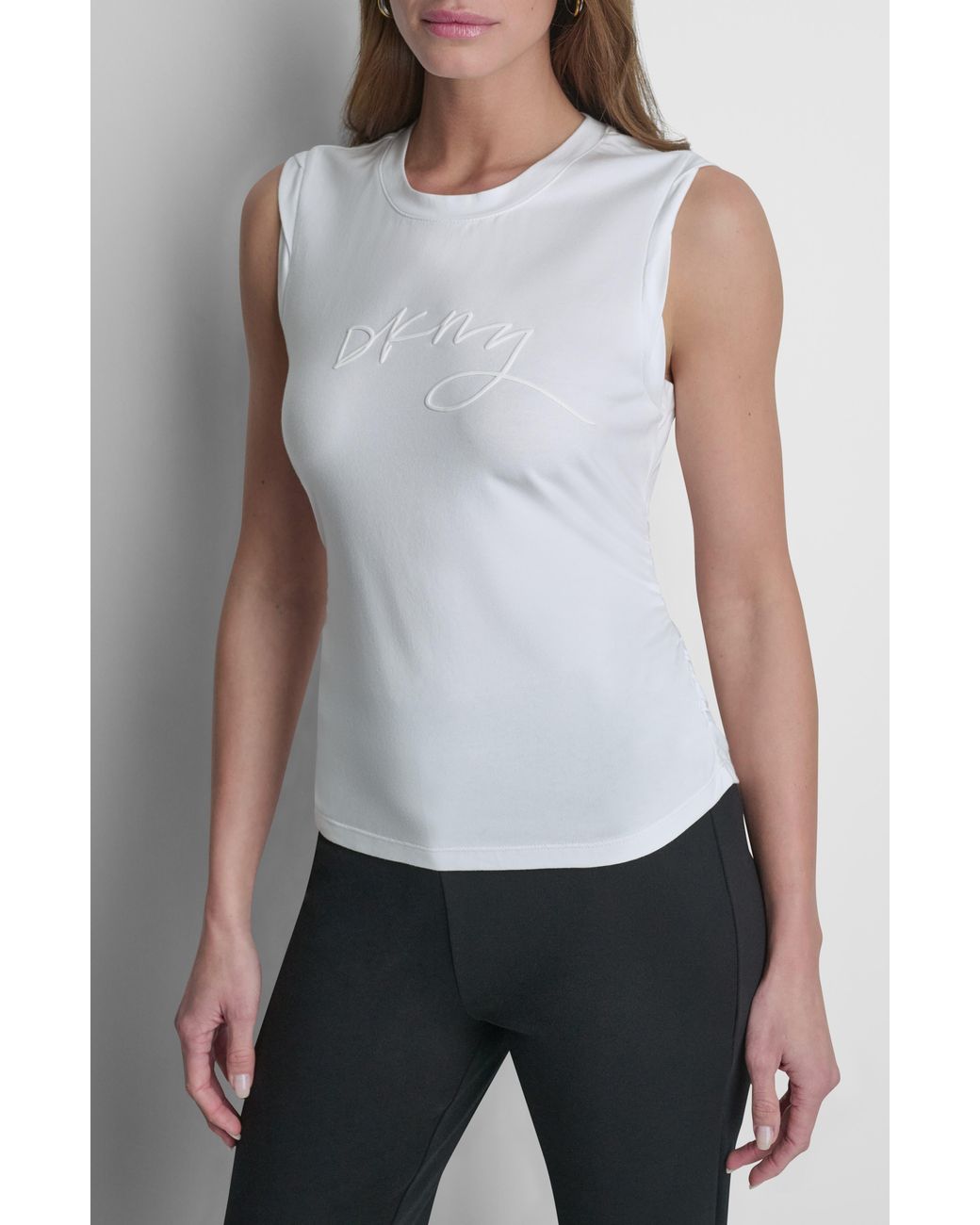 DKNY Gray Script Ruched Cotton Blend Tank