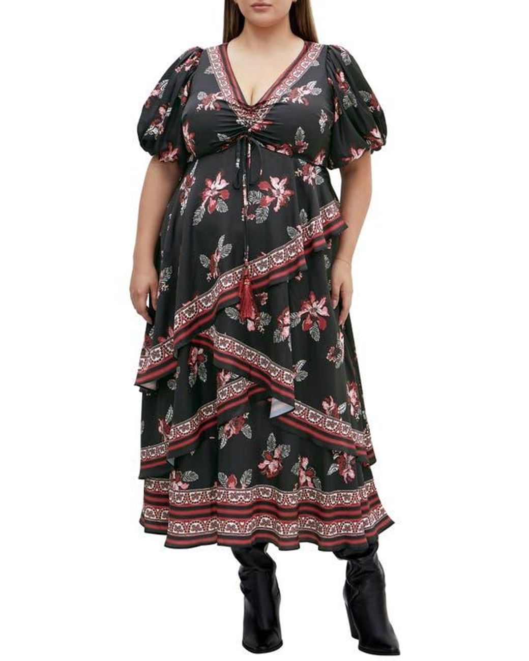 City Chic drama queen print layered maxi dress in black