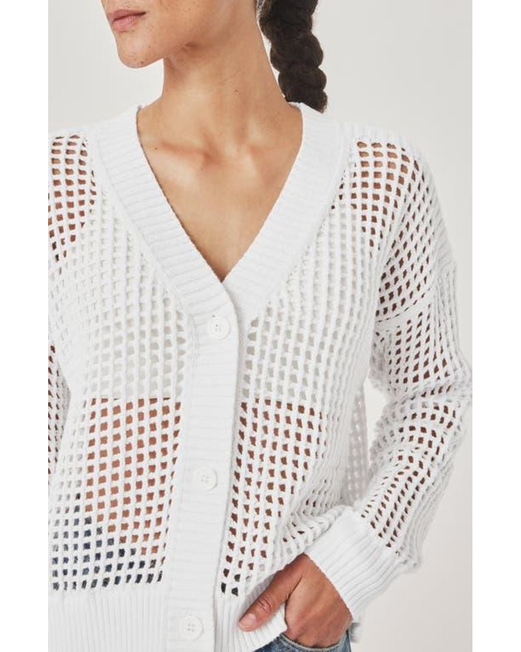 Splendid White Camellia Openwork V-Neck Cotton Blend Cardigan