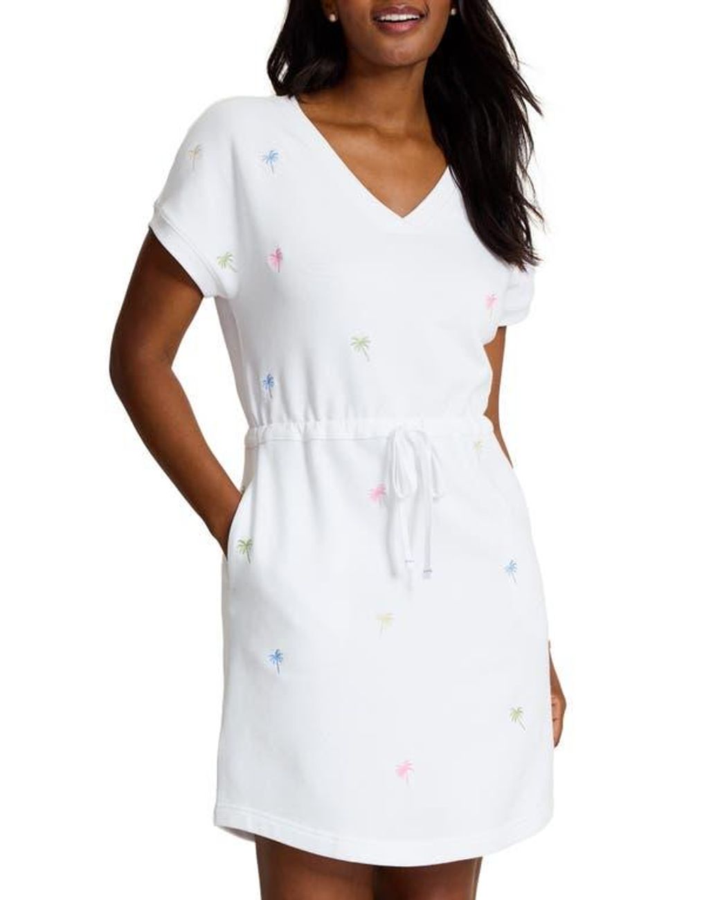 Tommy Bahama White Marina Del Mar Embroidered Palm Tree Cotton Fleece V-Neck Dress