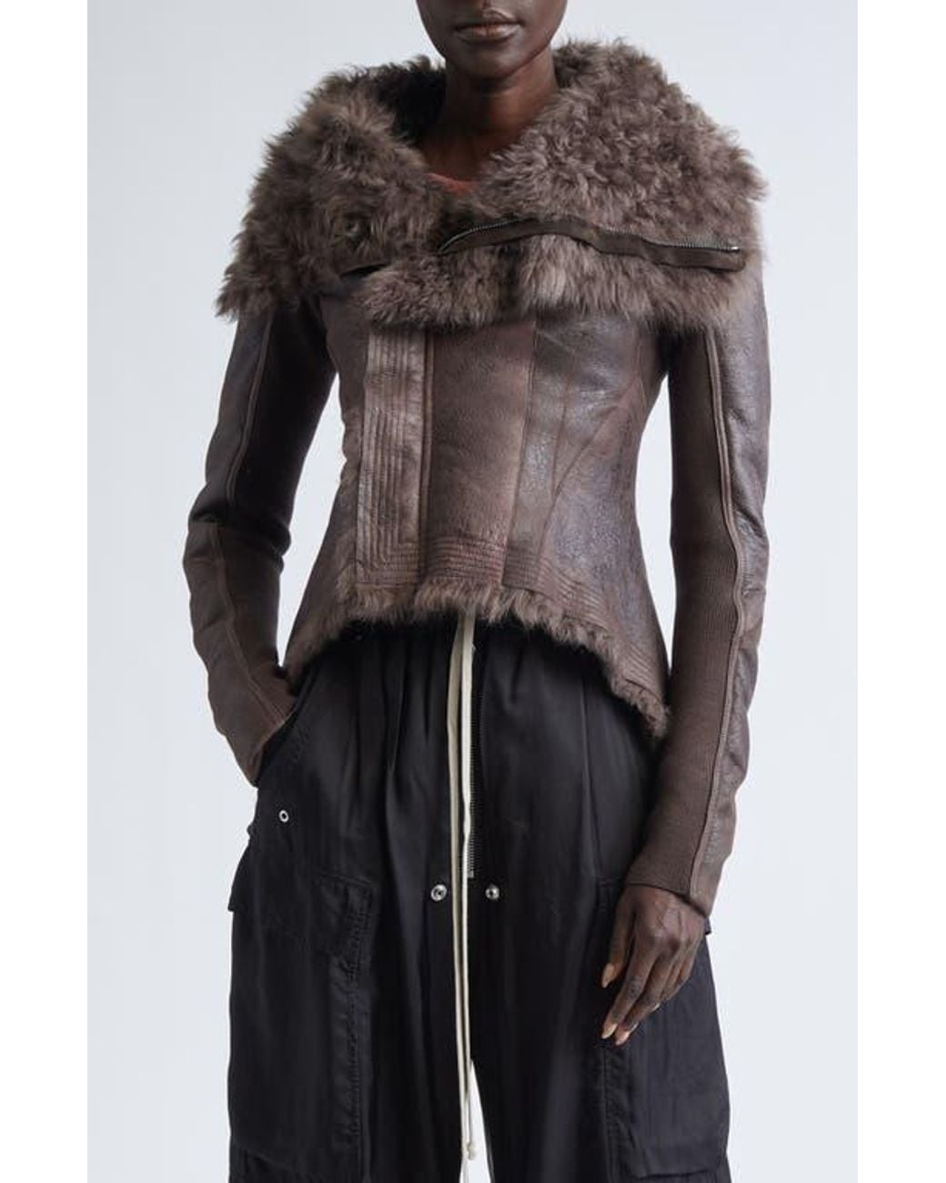 Rick Owens Sphinx Naska Genuine Shearling Moto Jacket in Brown | Lyst