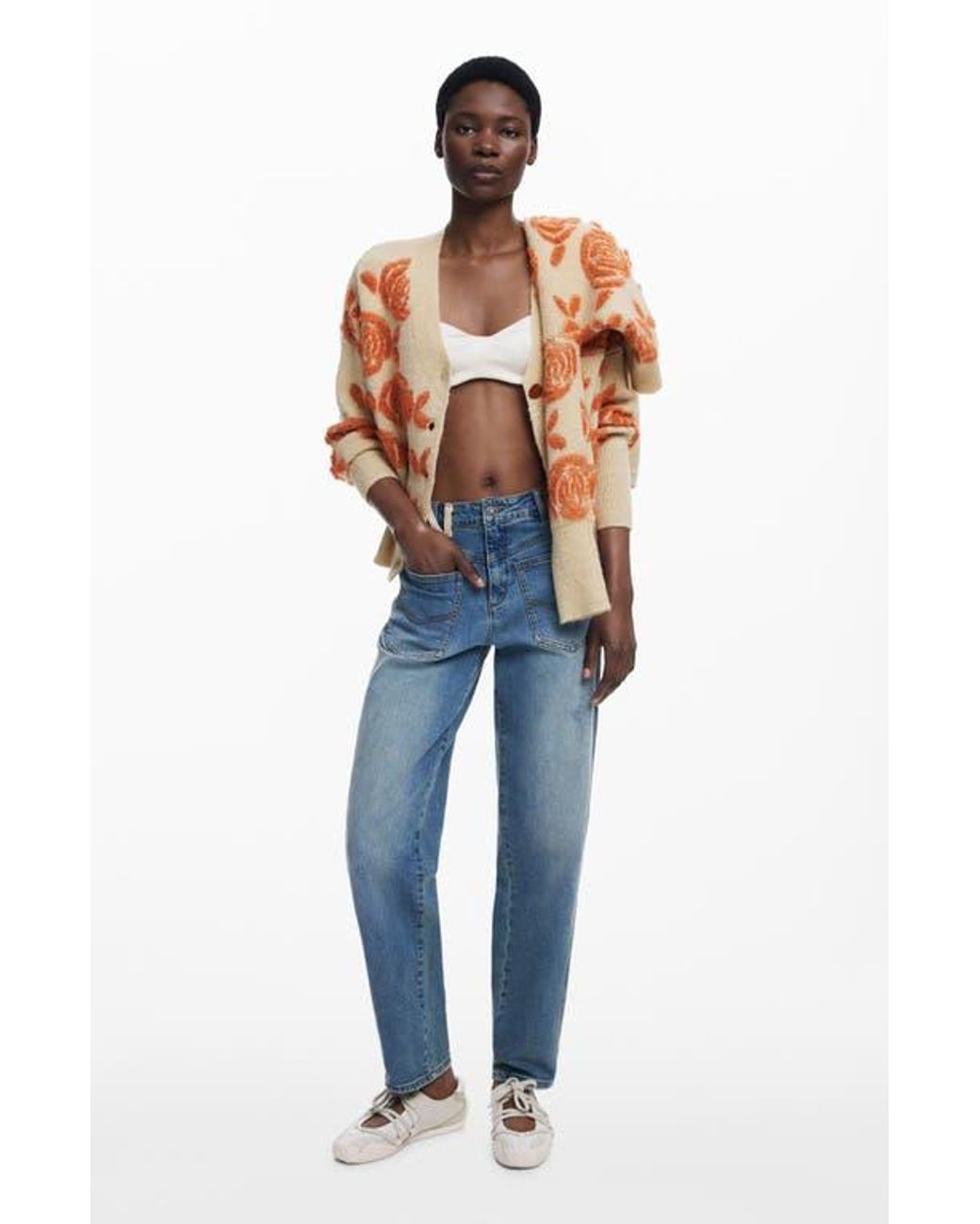 Desigual Floral Jacquard V-Neck Cardigan in Blue | Lyst