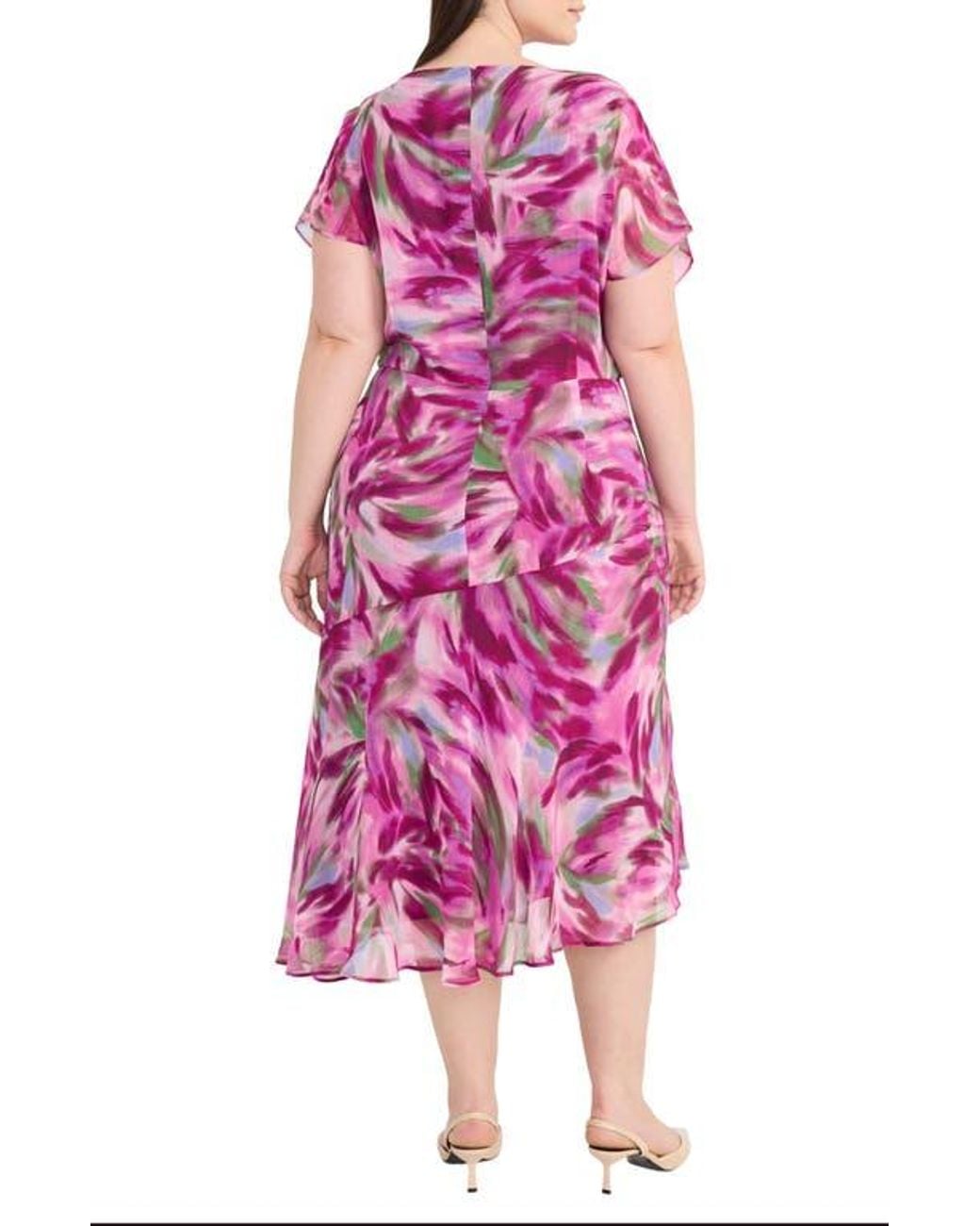 Maggy London Abstract Print Asymmetric Chiffon Midi Dress in Pink | Lyst