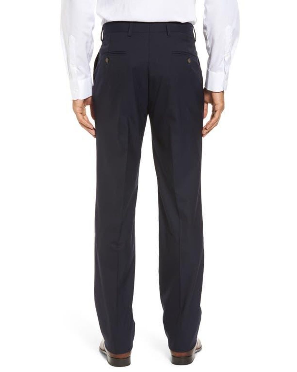 Berle Blue Flat Front Stretch Solid Wool Trousers for men