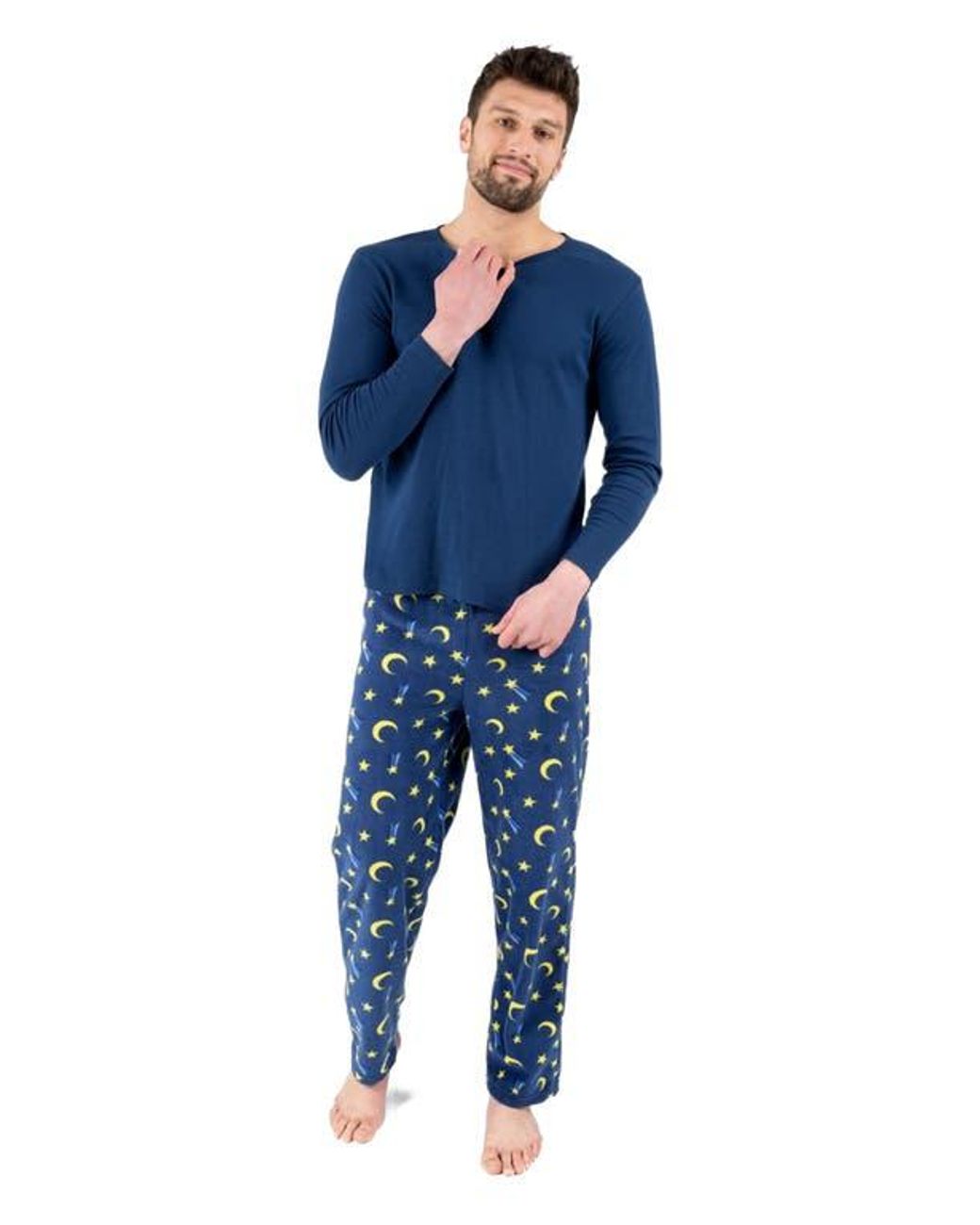 Leveret Blue Cotton Top & Fleece Pants Printed Matching Family Holiday Pajama Set for men
