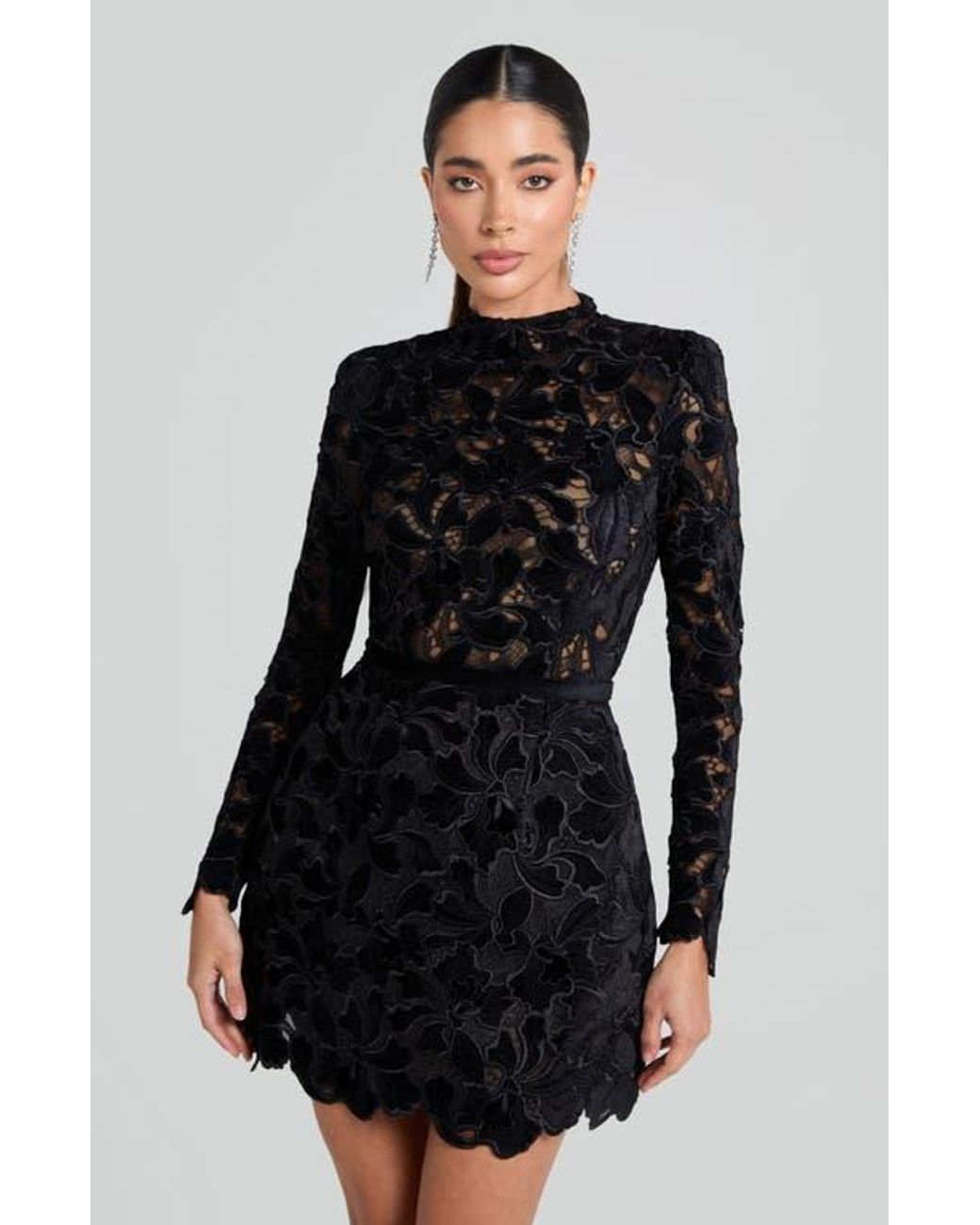 Nadine Merabi Lydia Long Sleeve Lace Overlay Cocktail Minidress in Black |  Lyst