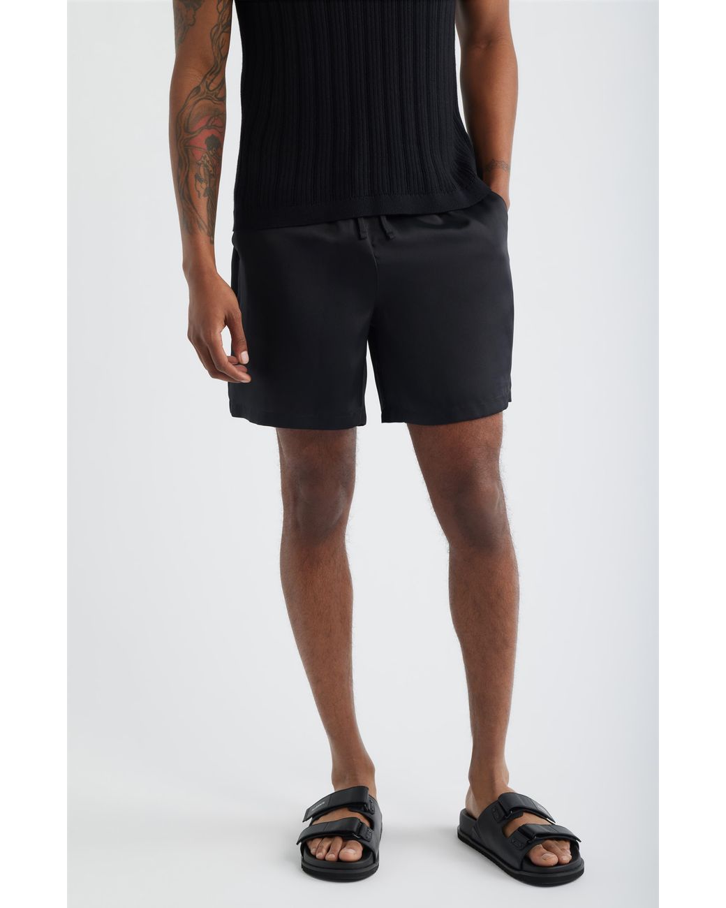 Open Edit Black Satin Drawstring Shorts for men