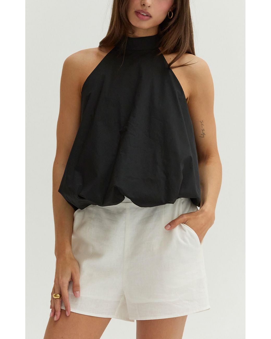 Crescent Black Bubble Hem Poplin Halter Top
