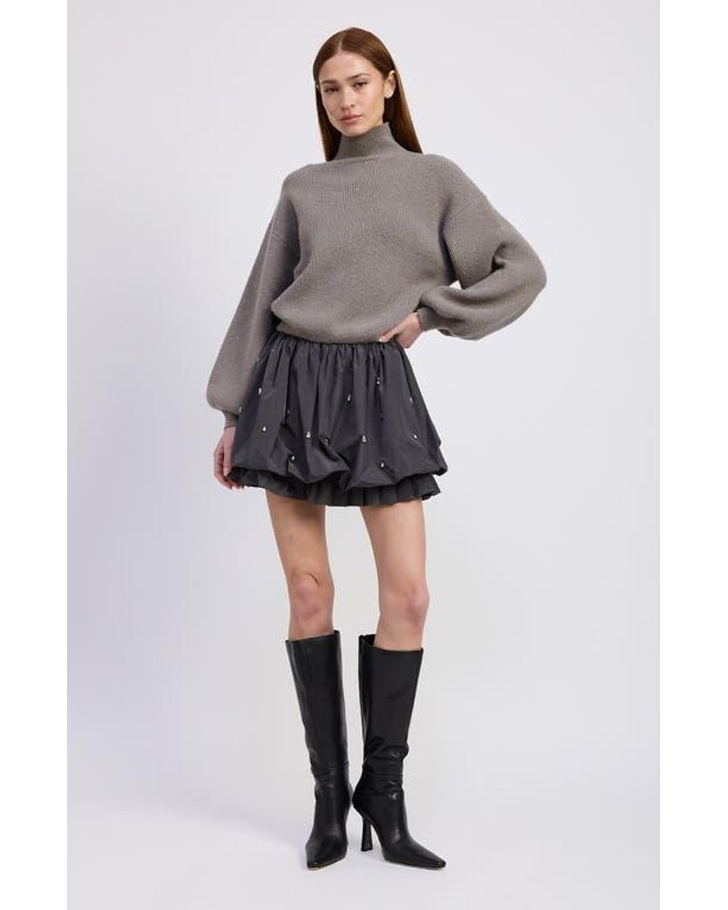 En Saison Florentina Long Sleeve Mixed Media Minidress in Gray | Lyst