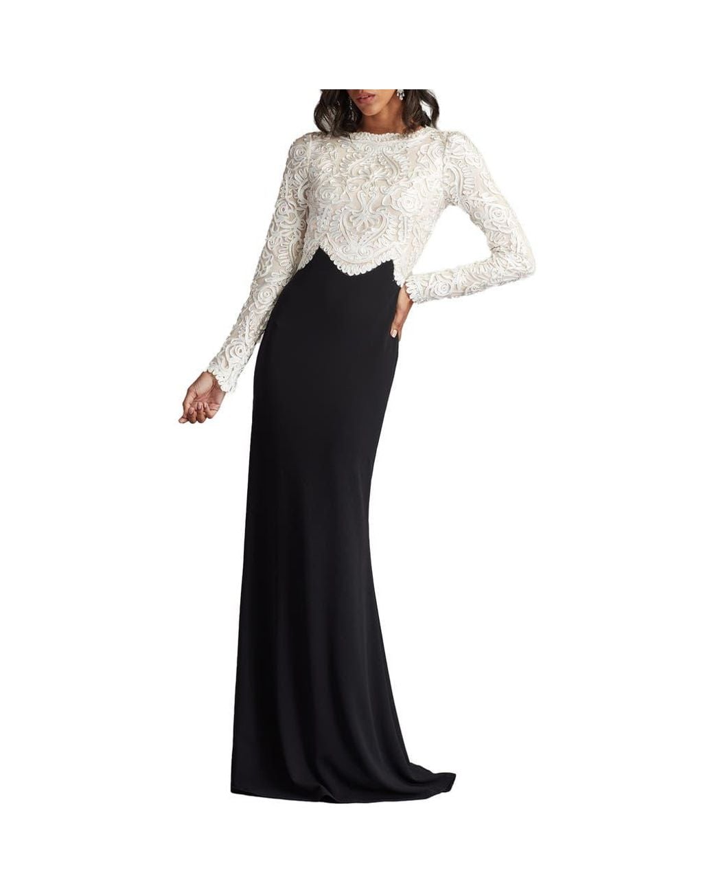 satin lace wedding dresses with sleeves Long Sleeve Illusion Neck Satin Wedding Dress Lace Top Wedding Dress,W –  winkbridal main image 1