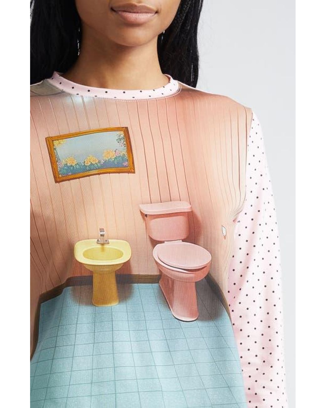 Ashley Williams Bathroom Print Long Sleeve Cotton T-Shirt in White