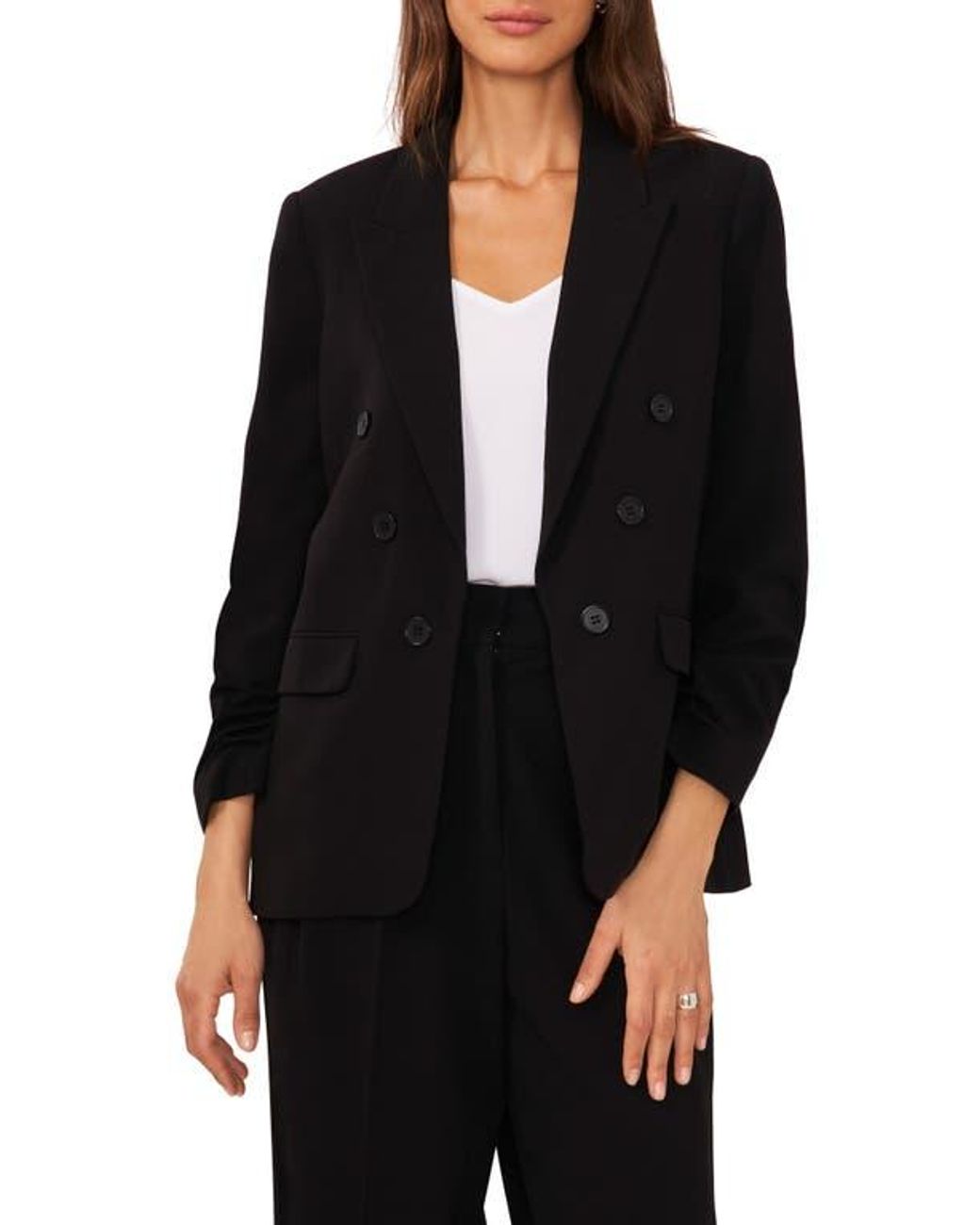 Halogen® Black Scrunch Sleeve Double Breasted Blazer