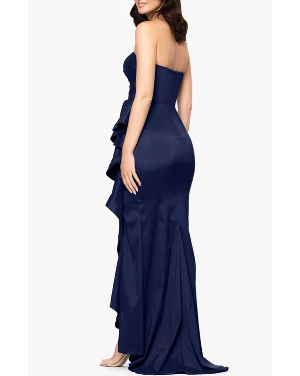 Betsy & Adam Strapless Cascade Ruffle Gown in Blue | Lyst