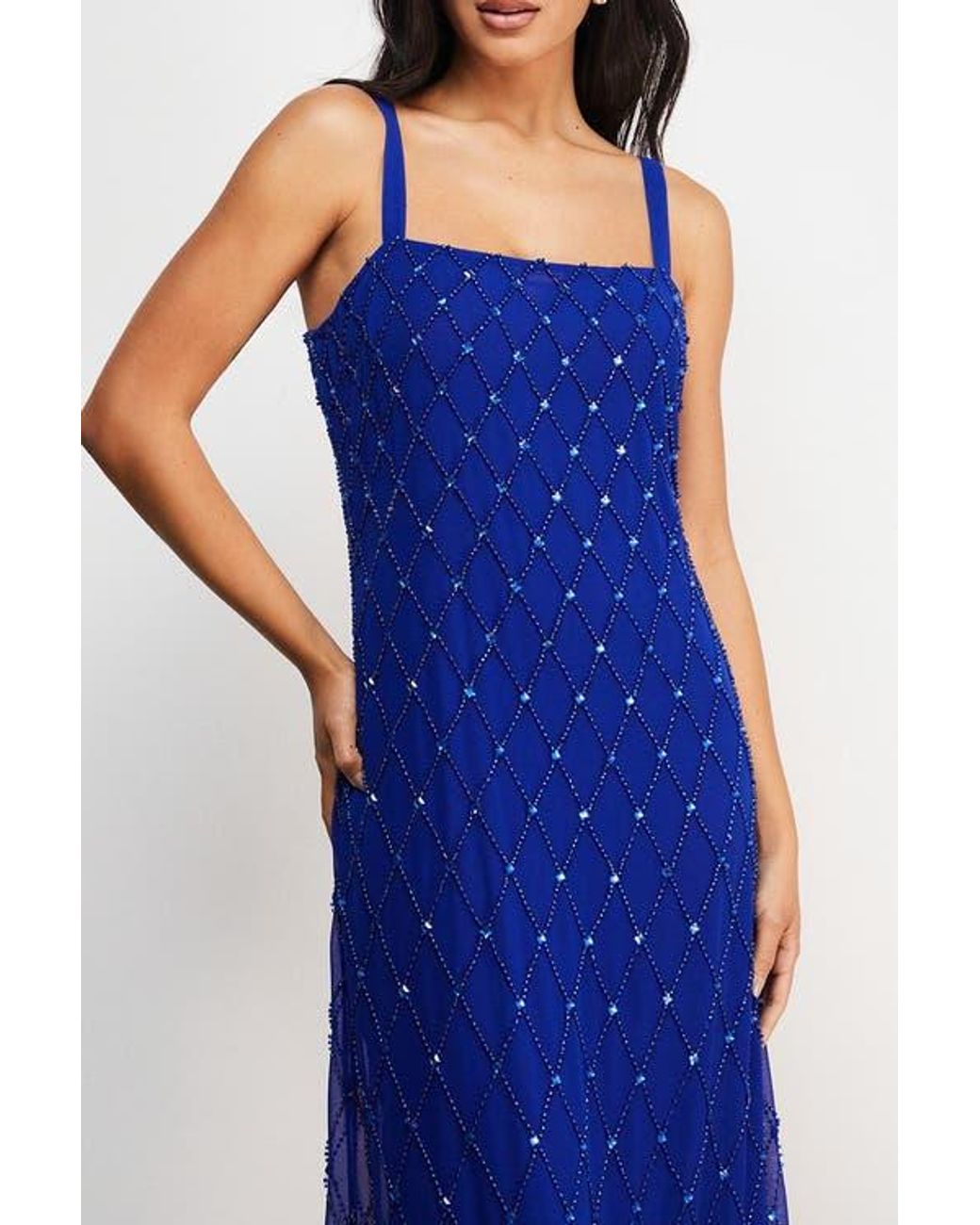 Warehouse Blue Hand Embellished Fringe Hem Midi Dress