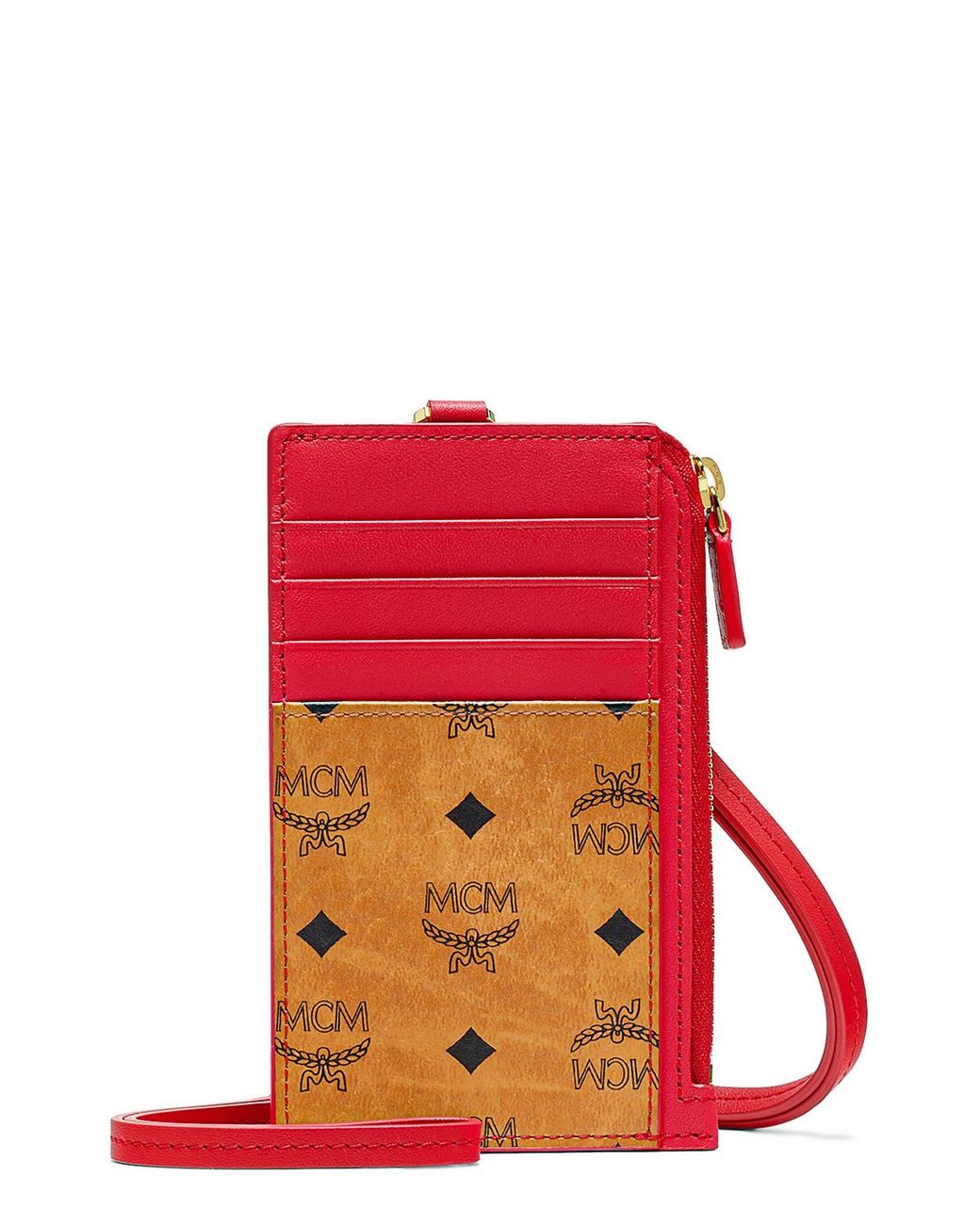 MCM Visetos Original & Leather Lanyard Card Holder in Cognac/ Red (Red