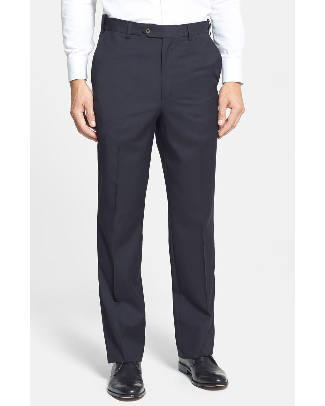 Berle Blue Self Sizer Waist Flat Front Lightweight Plain Weave Classic Fit Trousers for men