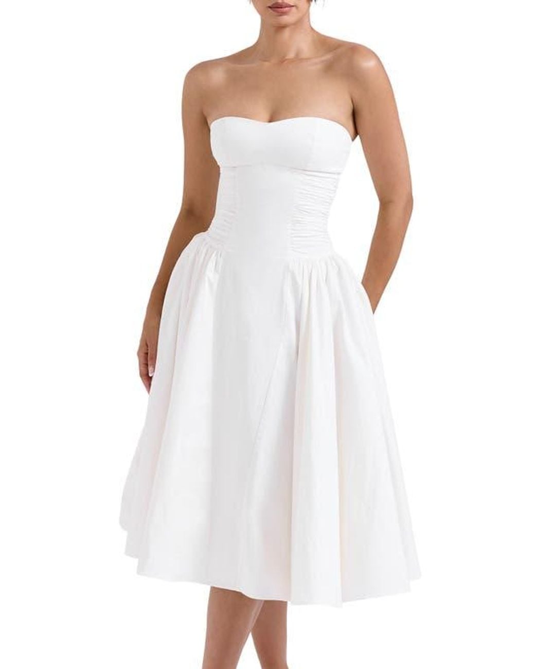 House Of Cb Georgiana Strapless Stretch Cotton Fit & Flare Dress in White |  Lyst