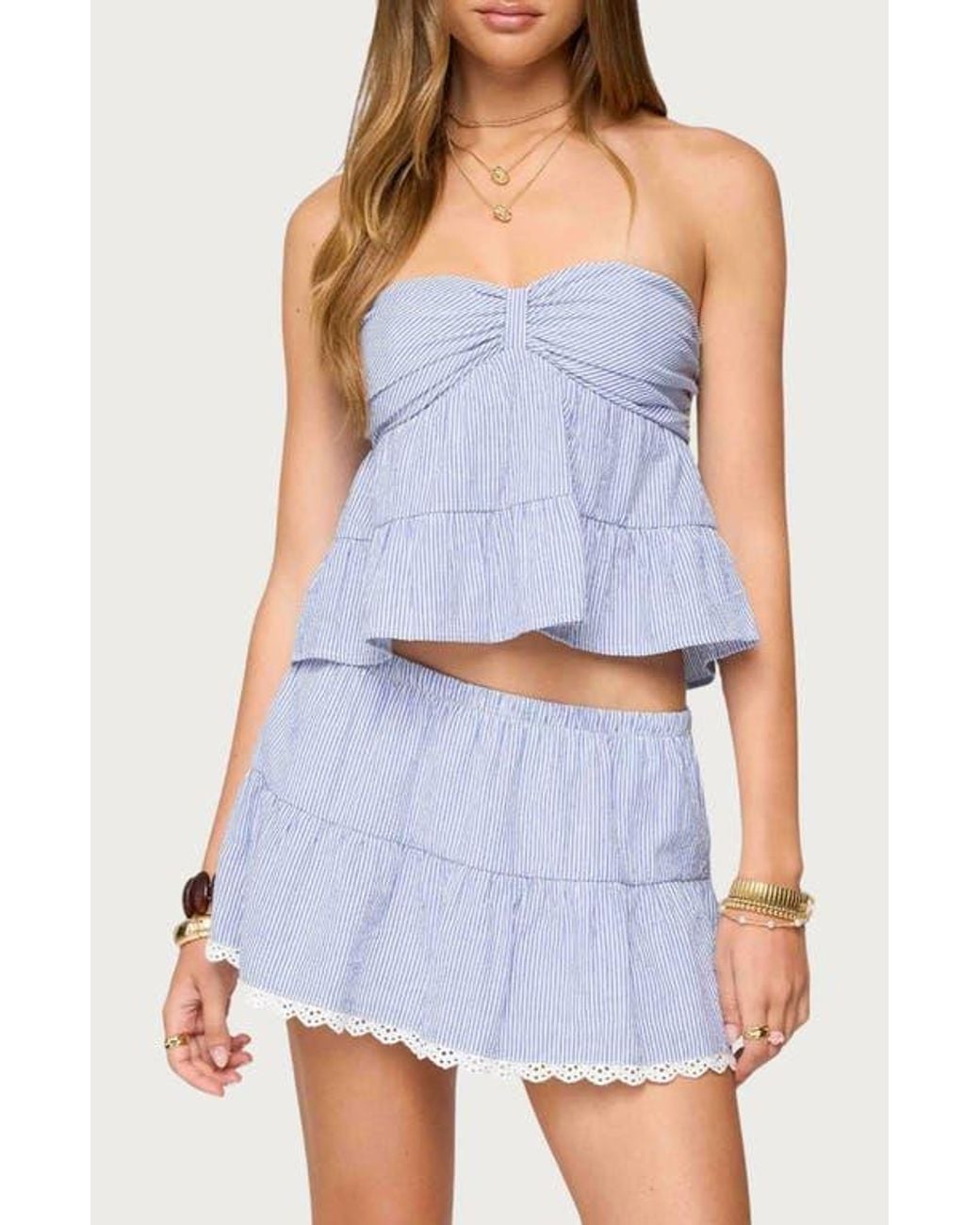 Edikted Blue Dora Stripe Strapless Top