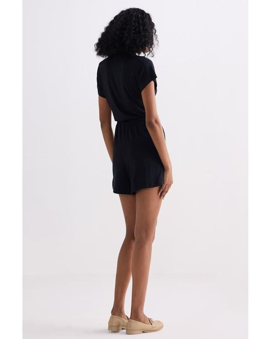 REISTOR Black V Neck Drawstring Knit Romper