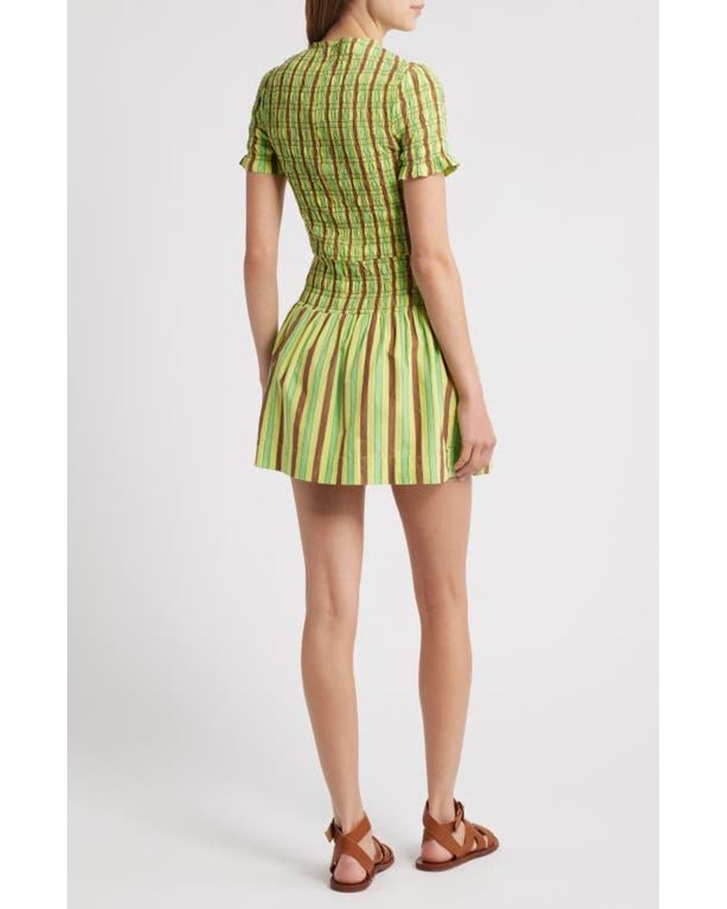 Damson Madder Saffy Smocked Stripe Organic Cotton Minidress in Green | Lyst