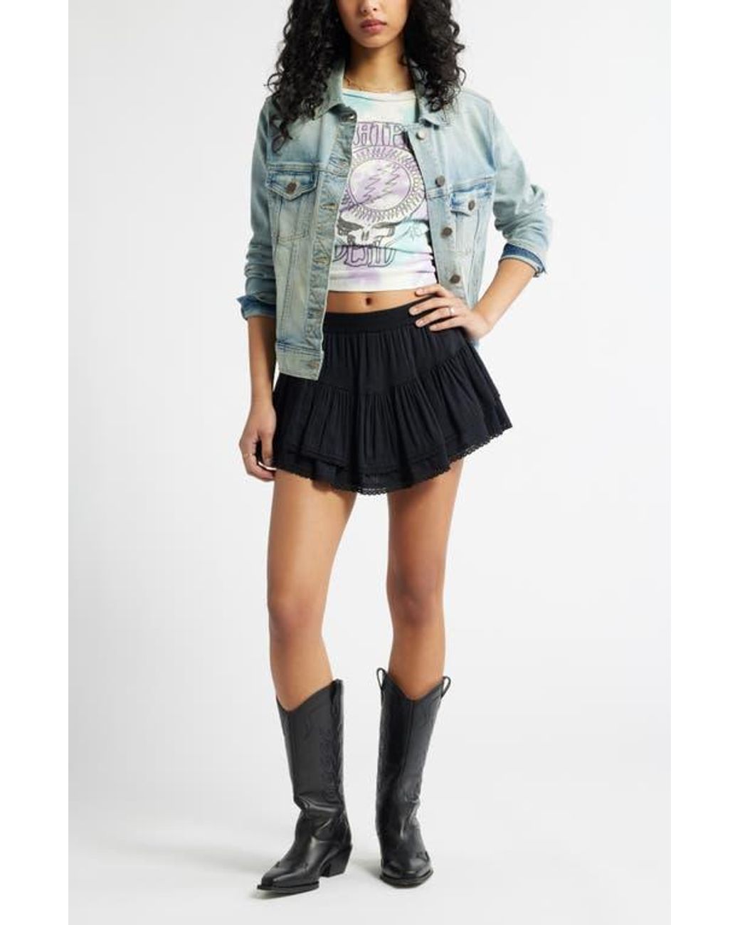 BP. Lace Trim Ruffle Skort in Black | Lyst