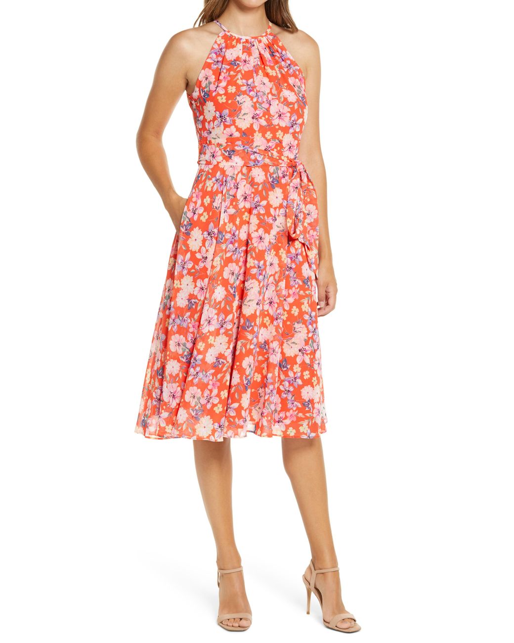 Eliza J Synthetic Floral Print Halter Neck Dress in Poppy