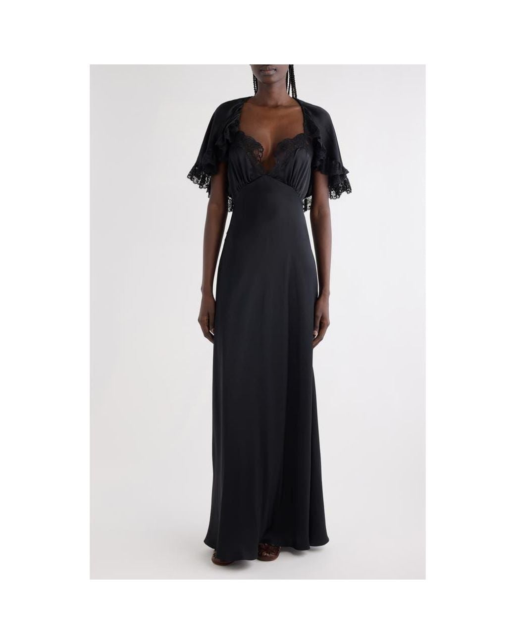 Chlo Lace Trim Silk Maxi Dress in Black | Lyst