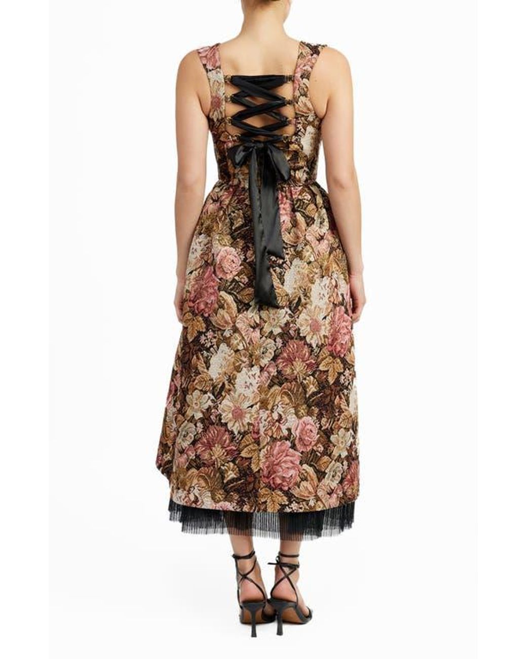 En Saison Carey Jacquard Lace Up Back Midi Dress in Brown Lyst