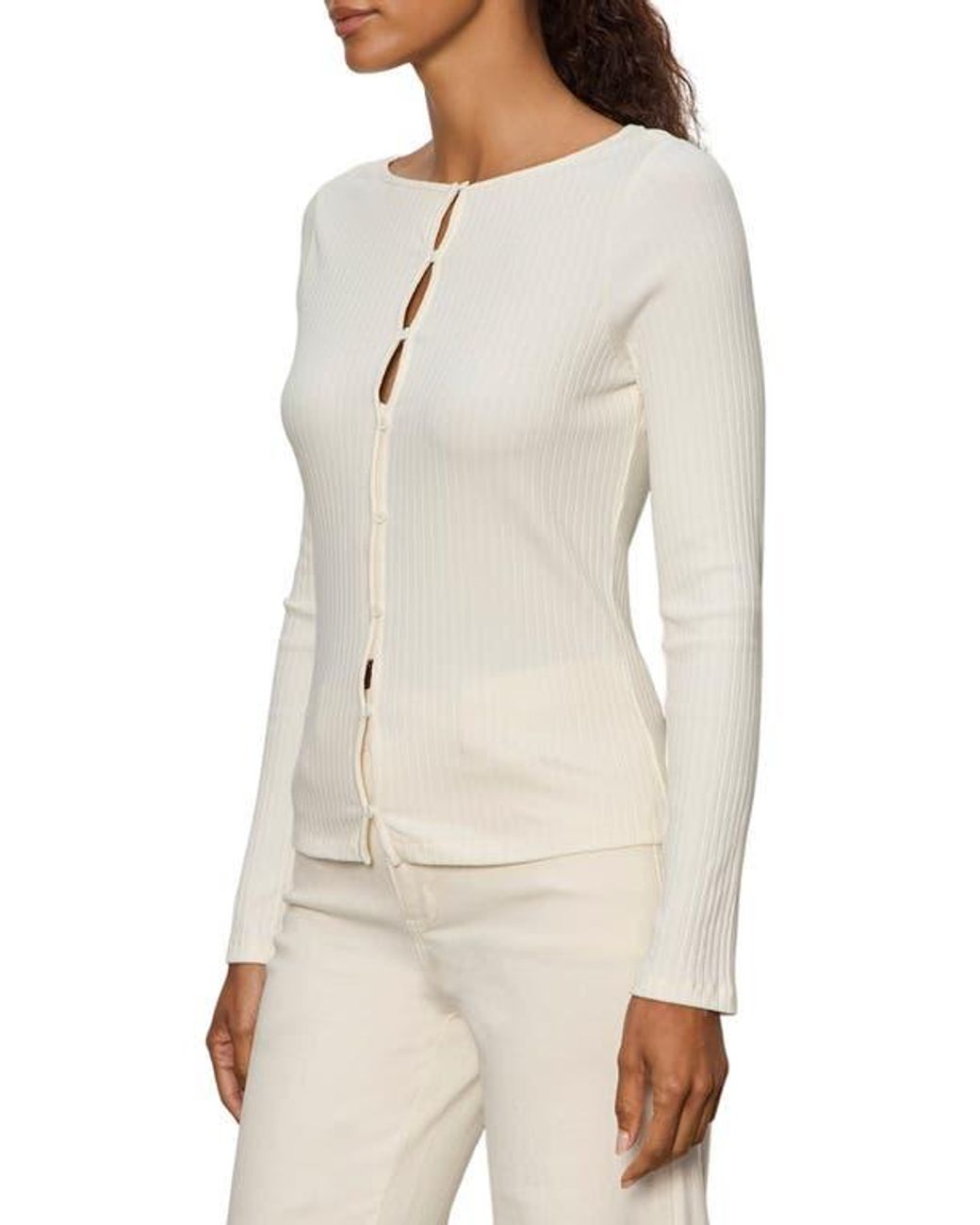 Button Rib Jacket Sanctuary Stripe Button Front Long Sleeve Rib Top in White | Lyst