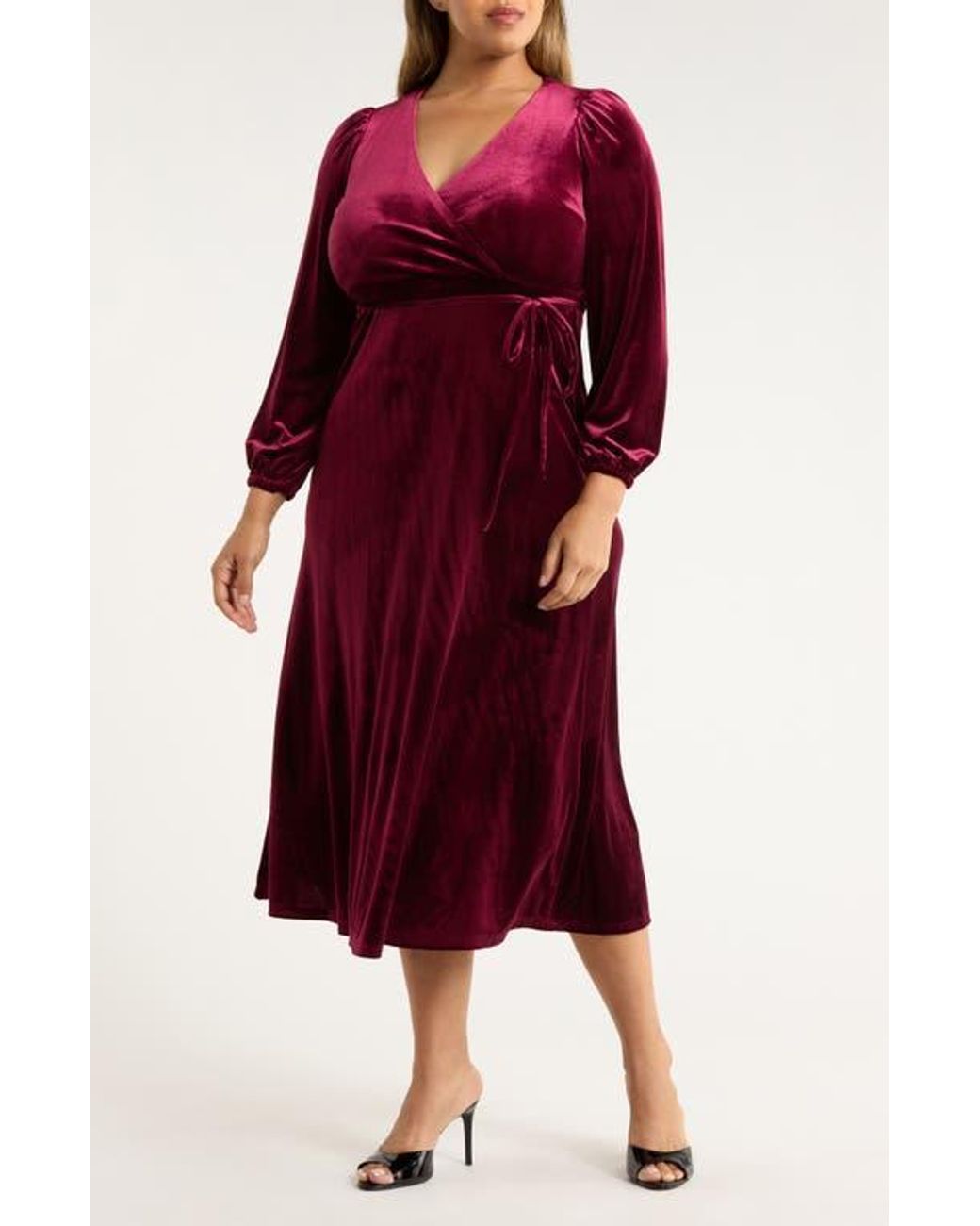 Halogen Wrap Front Long Sleeve Velvet Maxi Dress in Red | Lyst