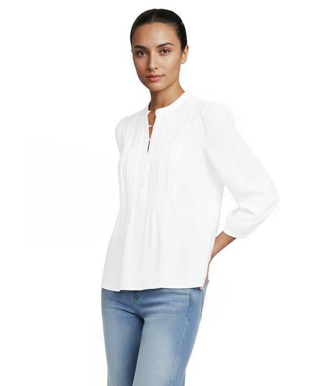 Lands' End White Plus Size Lightweight Jersey Button Pintuck Top