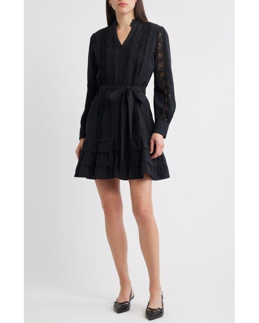 Caslon Lace Panel Long Sleeve Minidress in Black | Lyst