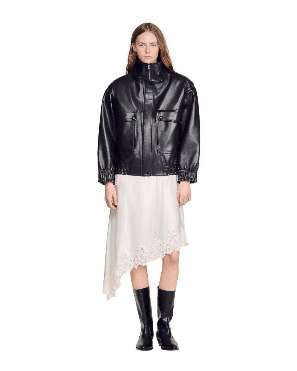 Sandro Black Standing Collar Leather Jacket