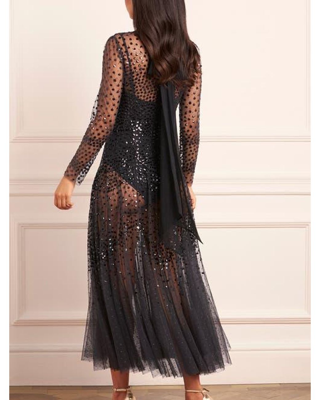 Needle & Thread Scallop Sequin Sheer Bow Ankle Gown in Black | Lyst
