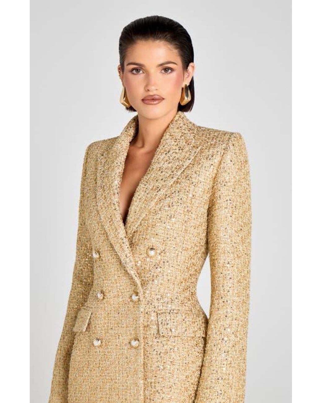 Nadine Merabi Metallic Tweed Long Sleeve Cocktail Coat Dress in Natural |  Lyst
