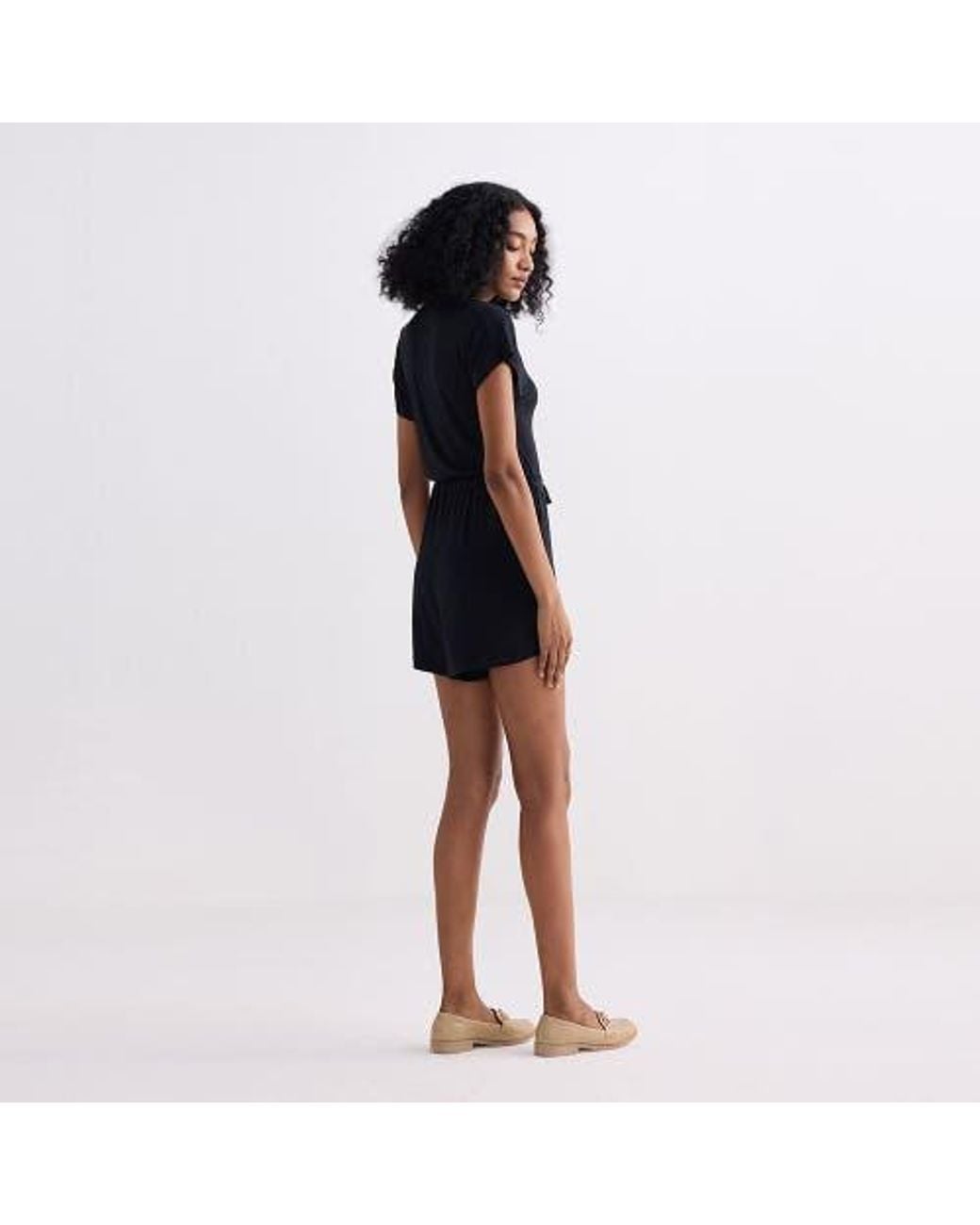 REISTOR Black V Neck Drawstring Knit Romper