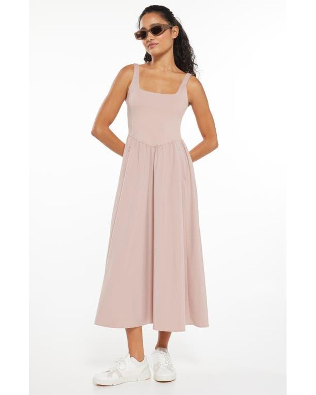 Zella Effortless Square Neck Midi Dress in Pink | Lyst