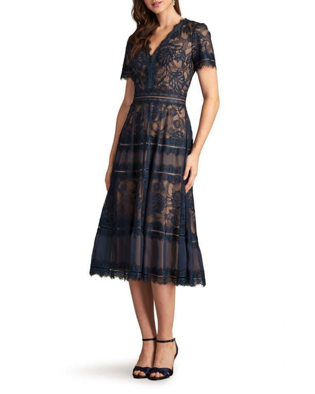 knee length dresses for ladies Tadashi Shoji Embroidered Lace Tiered Midi Dress in Royal Navy main image 1