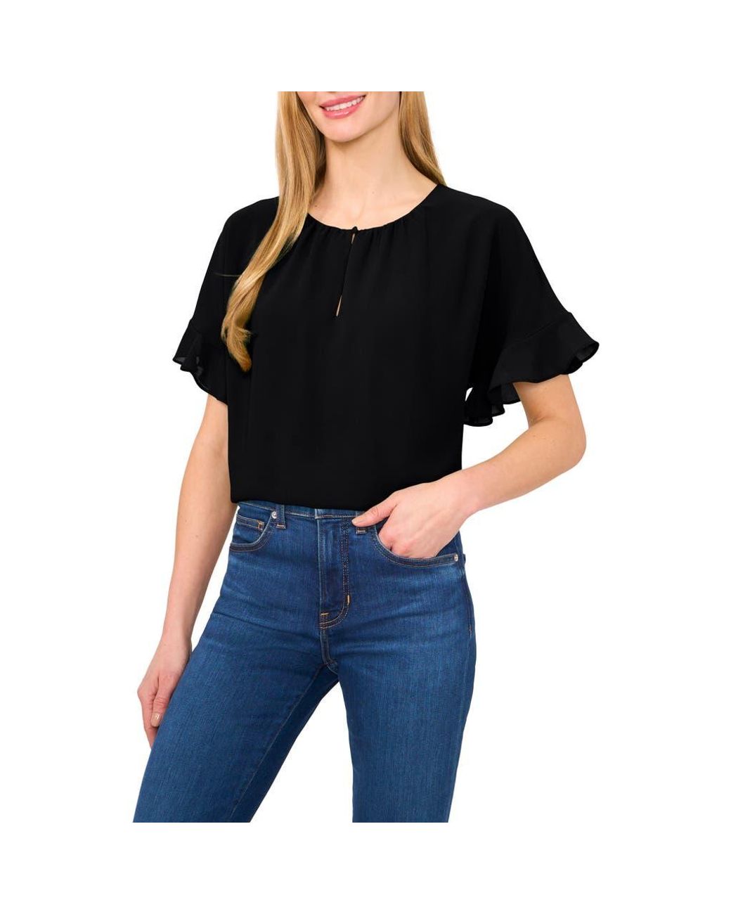 Cece Black Flutter Sleeve Georgette Top