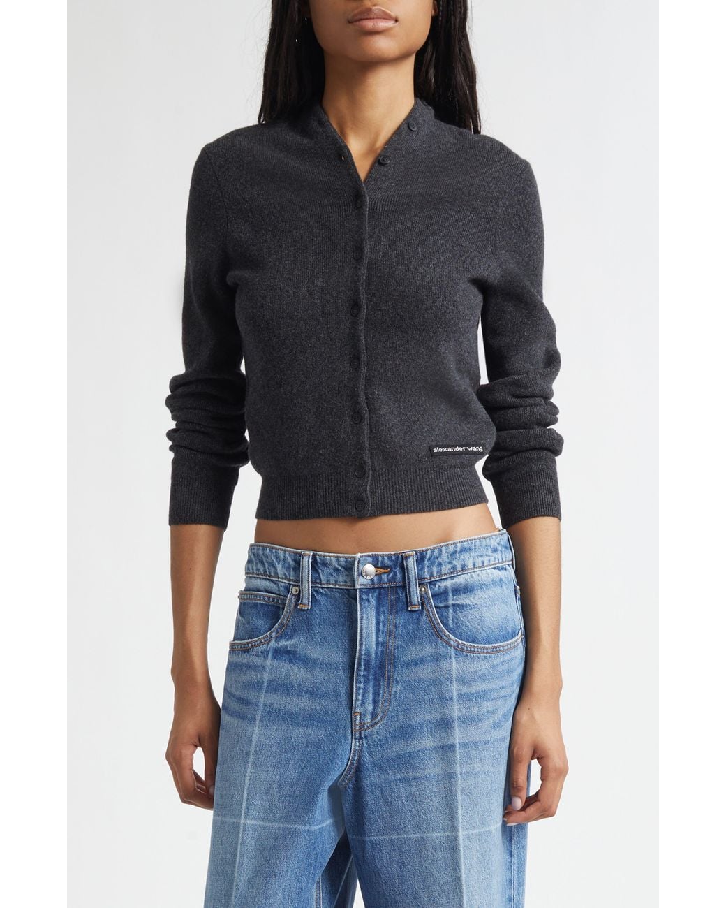 Alexander Wang Black Continuous Placket Crop Wool Blend Cardigan