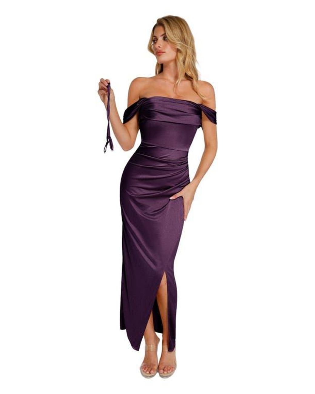Popilush Liquid Metallic Fabric Off Shoulder Shine Ruched Sculpting Maxi  Shapewear Dress in Purple | Lyst