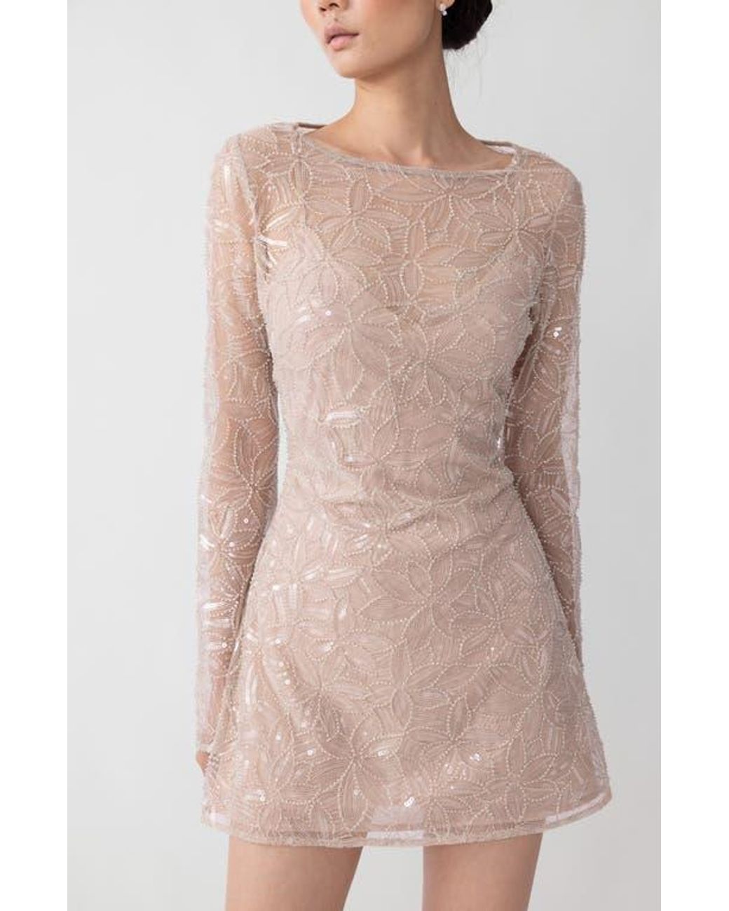 SAU LEE Odessa Beaded Floral Long Sleeve Cocktail Minidress in Natural